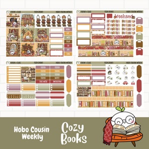 Adesivos de planejador de livros aconchegantes, kit de adesivos semanais do primo Hobonichi, personagens desenhados à mão, adesivos de amantes de livros, adesivos fofos desenhados à mão