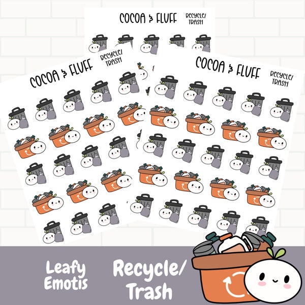 Recycle Leafy Planner Icons, Hand Drawn Stickers, Leafy Planner Icons, Reuse Planner Icons, Trash Icons