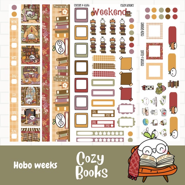 Cozy Books Hobonichi Weeks Planner Stickers, Weekly Sticker Kit,  Hand Drawn Art, Book Lover Planner Stickers, Hobo Weeks Kit