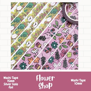 Flower Shop Washi Tape (15mm/10m) / foliertes Washi für Schreibwaren Scrapbooking und Journaling, Klebeband, dekoratives Klebeband