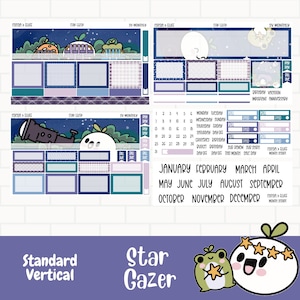 Star Gazer Planner Stickers, Standaard verticale maandelijkse stickerkit, handgetekende karakters, hemelse stickers