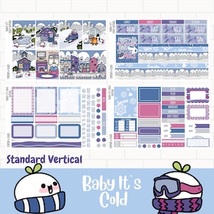 May include: A set of printable planner stickers with a winter theme. The stickers feature illustrations of snowmen, snowflakes, houses, and wintery scenes. The stickers are in a variety of colors, including blue, pink, white, and gray. The text "Baby It's Cold" is featured on the stickers.