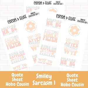 Smiley Sarcasm 1 Planner sticker quotes, Snarky Quotes, quotes for planners, Planner stickers, Standard Size sticker, Hobo Cousin stickers