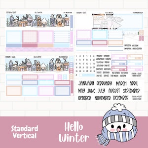Hallo winterplannerstickers, standaard verticale maandelijkse stickerkit, handgetekende karakters, wintertijd maandelijkse stickers