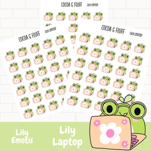 May include: A set of 100 frog-themed stickers featuring a green frog holding a pink and white laptop with a flower design. The stickers are arranged in a grid pattern on a white background. The text "COCOA & FLUFF" and "LILY LAPTOP" is printed on the sheet. The text "Lily Emotis" and "Lily Laptop" is printed below the stickers.