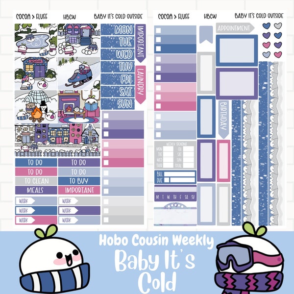 Baby It's Cold Planner Stickers, Hobonichi Cousin Weekly Sticker Kit, Hand drawn Characters, Winter Stickers, Cute Hand Drawn Snow Stickers