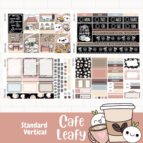 Cafe Leafy planner stickers, Planner sticker kit, Coffee sticker kit, Planner sticker mini kit, Coffee House Stickers, Hand Drawn Characters