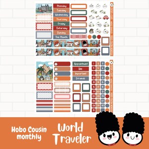 Adesivos do planejador de viajantes mundiais, kit mensal de adesivos do primo Hobonichi, personagens desenhados à mão, adesivos de aventura, adesivos fofos desenhados à mão