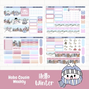 Kit d'autocollants hebdomadaires Hello Winter Planner, Hobonichi Cousin, Personnages dessinés à la main, Autocollants amusants dans la neige, Autocollants mignons dessinés à la main