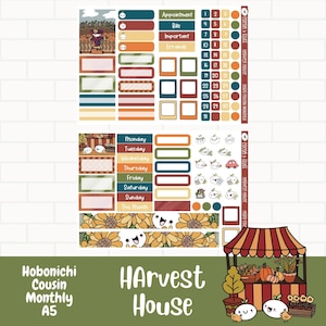 Harvest House planner stickers, Hobonichi neef sticker kit, hobo maandelijks, handgetekende personages, herfst eerlijke hobo stickers