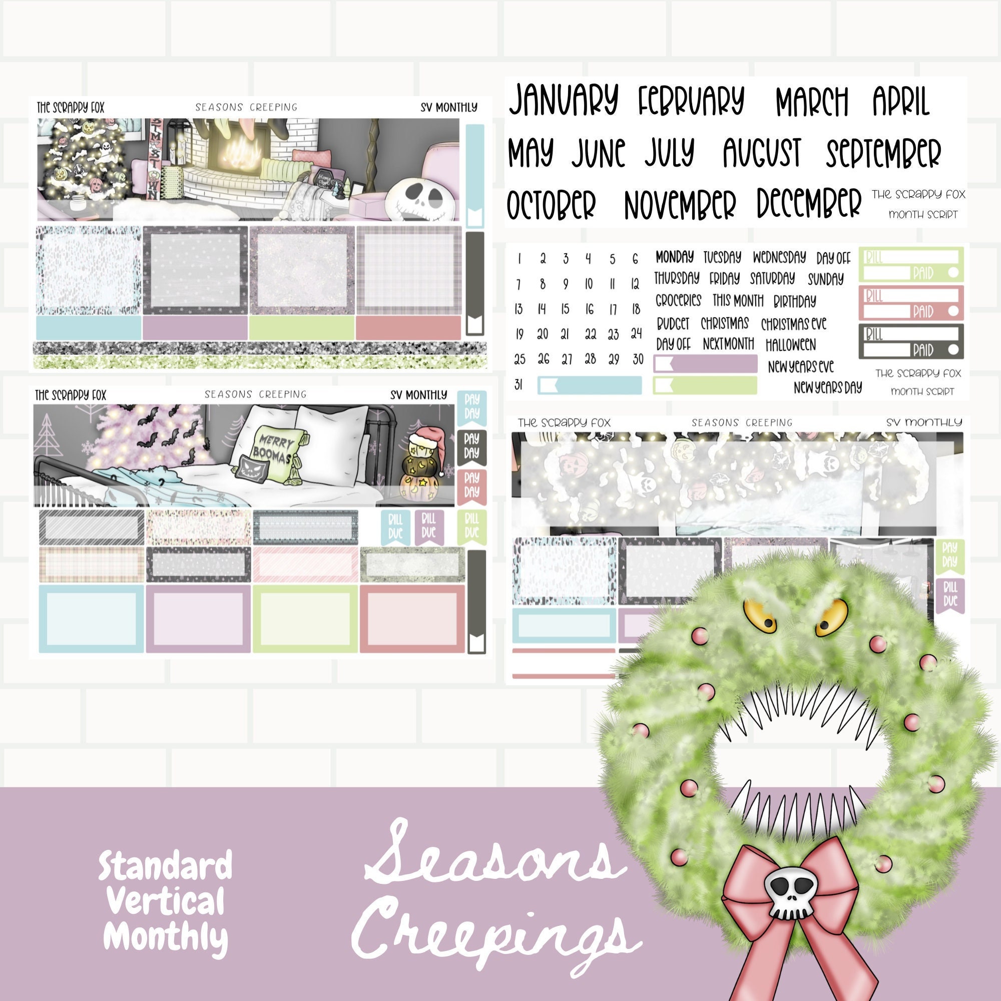 Seasons Creeping's Monthly planner stickers, Halloween sticker kit,  Standard Vertical Monthly sticker kit, Christmas stickers