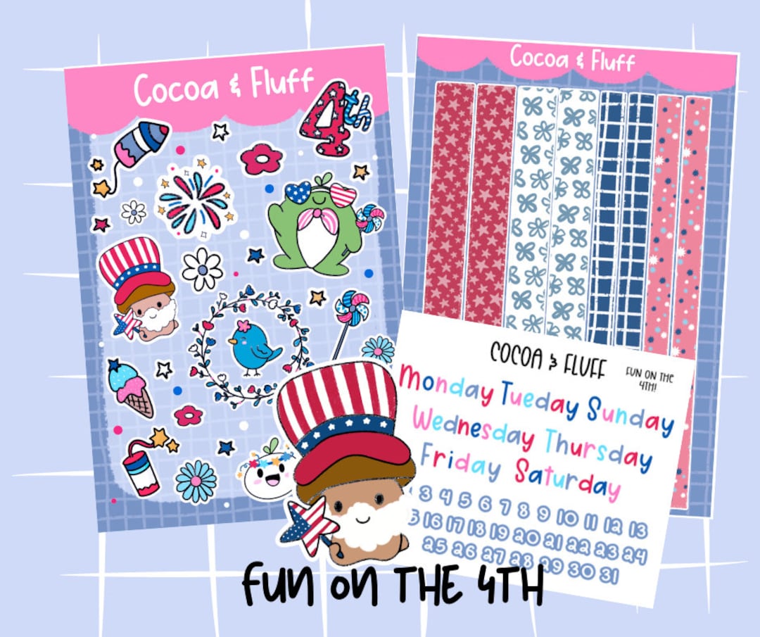 Fun on the 4th Sticker Sheet, Hand Drawn Stickers, Daily Journal, Micro ...