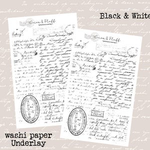 May include: Two sheets of black and white washi paper with handwritten script, stamps, and the text "Black & White." The paper has a vintage aesthetic, with the words "washi paper" and "Underlay" at the bottom.