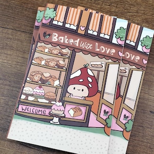 May include: A cartoon illustration of a bakery storefront with the words "Baked With Love" above the entrance. The bakery is decorated with a red and white striped awning, a window display of pastries, and a small mushroom character standing behind the counter. The bakery is surrounded by a pink and white sidewalk.