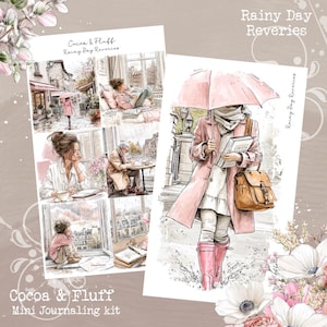 Può includere: Un mini kit di journaling di Cocoa & Fluff, con illustrazioni ad acquerello a tema "Rainy Day Reveries". Il kit include immagini di persone in ambienti piovosi, con il testo "Cocoa & Fluff" e "Mini Journaling kit".