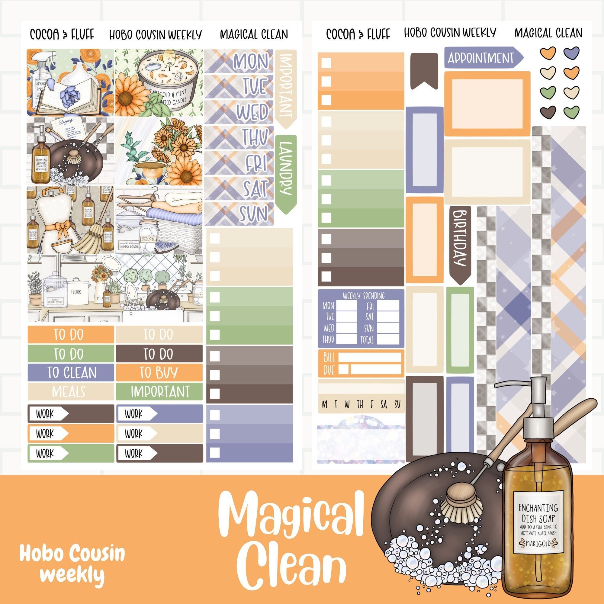 Magical Clean Hobo Cousin stickers, Spring Cleaning Planner Sticker Kit,  Weekly Hobonichi Stickers, Weekly Sticker kit, Magic Stickers