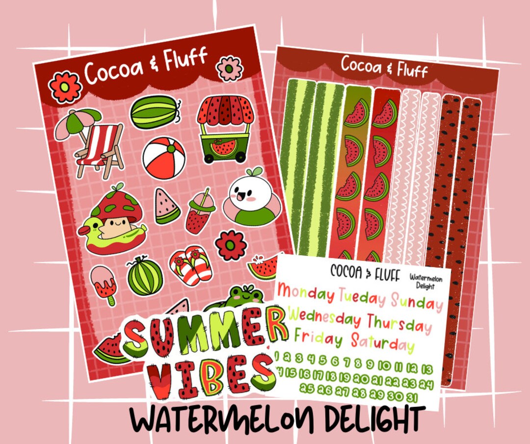 Watermelon Delight Sticker Sheet, Hand Drawn Stickers, Journal, Micro ...