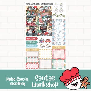 Pegatinas del planificador del taller de Santa, kit mensual de pegatinas del primo Hobonichi, personajes dibujados a mano, pegatinas de invierno, lindas pegatinas dibujadas a mano