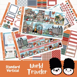 Stickers planificateur voyageur du monde, kit d'autocollants hebdomadaires Hobonichi Cousin, personnages dessinés à la main, autocollants aventure, autocollants mignons dessinés à la main