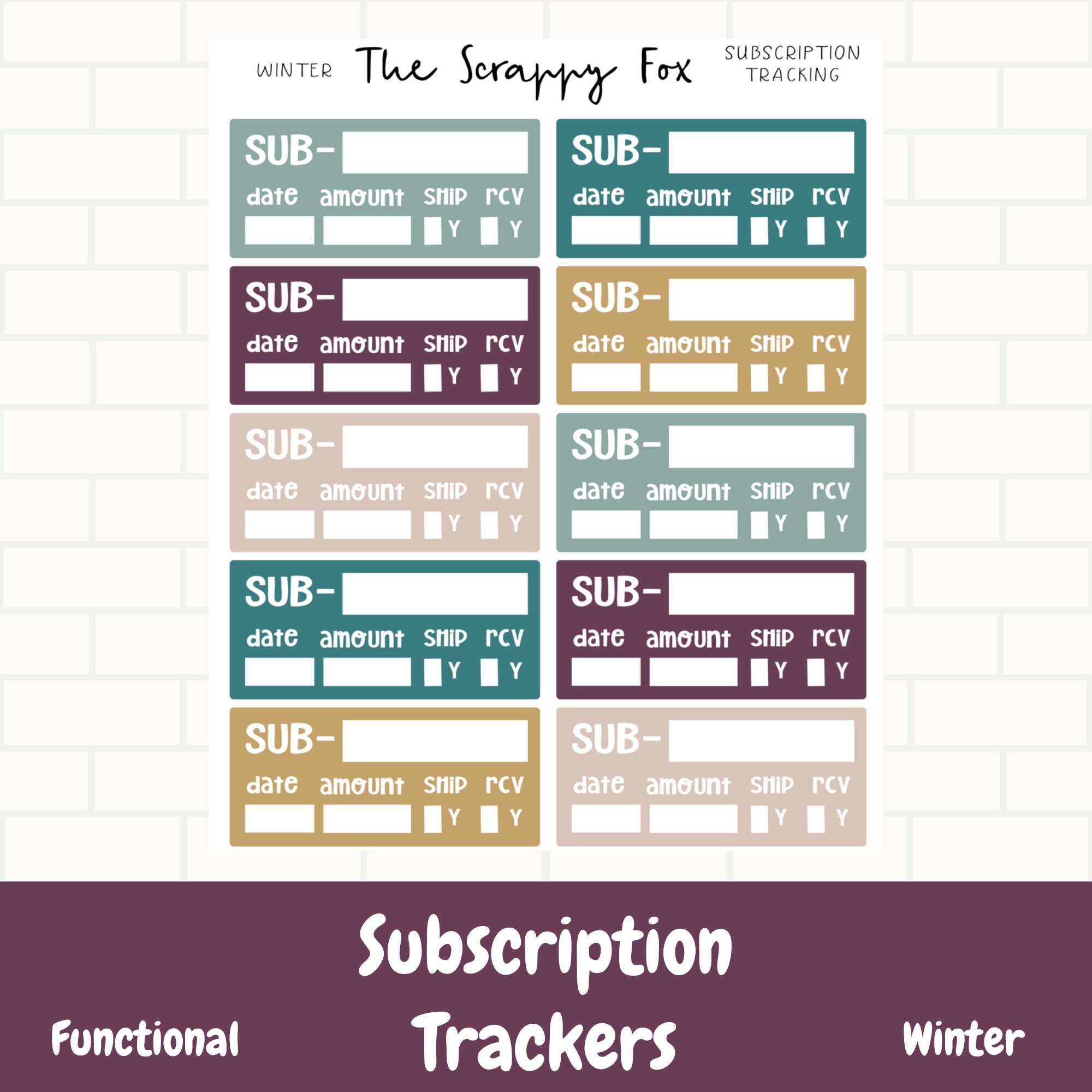 Planner sticker functionals, Subscription Trackers, Seasonal colors,  functionals for planners, Planner stickers, Tracker boxes
