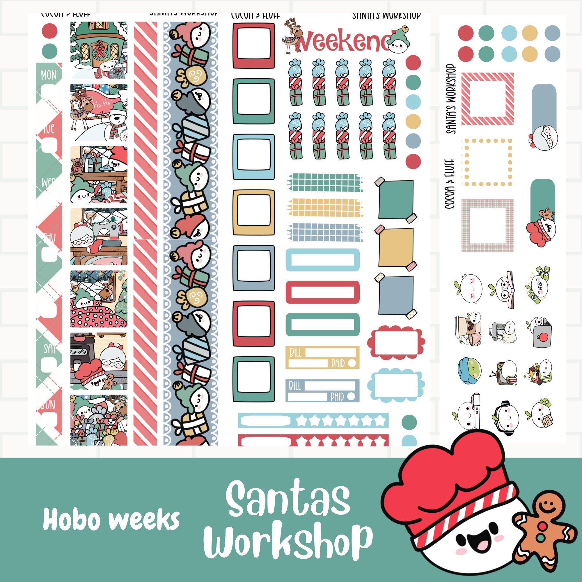 santa-s-workshop-hobonichi-weeks-planner-stickers-weekly-sticker-kit-hand-drawn-art-christmas-fun-planner-stickers-hobo-weeks-kit-etsy
