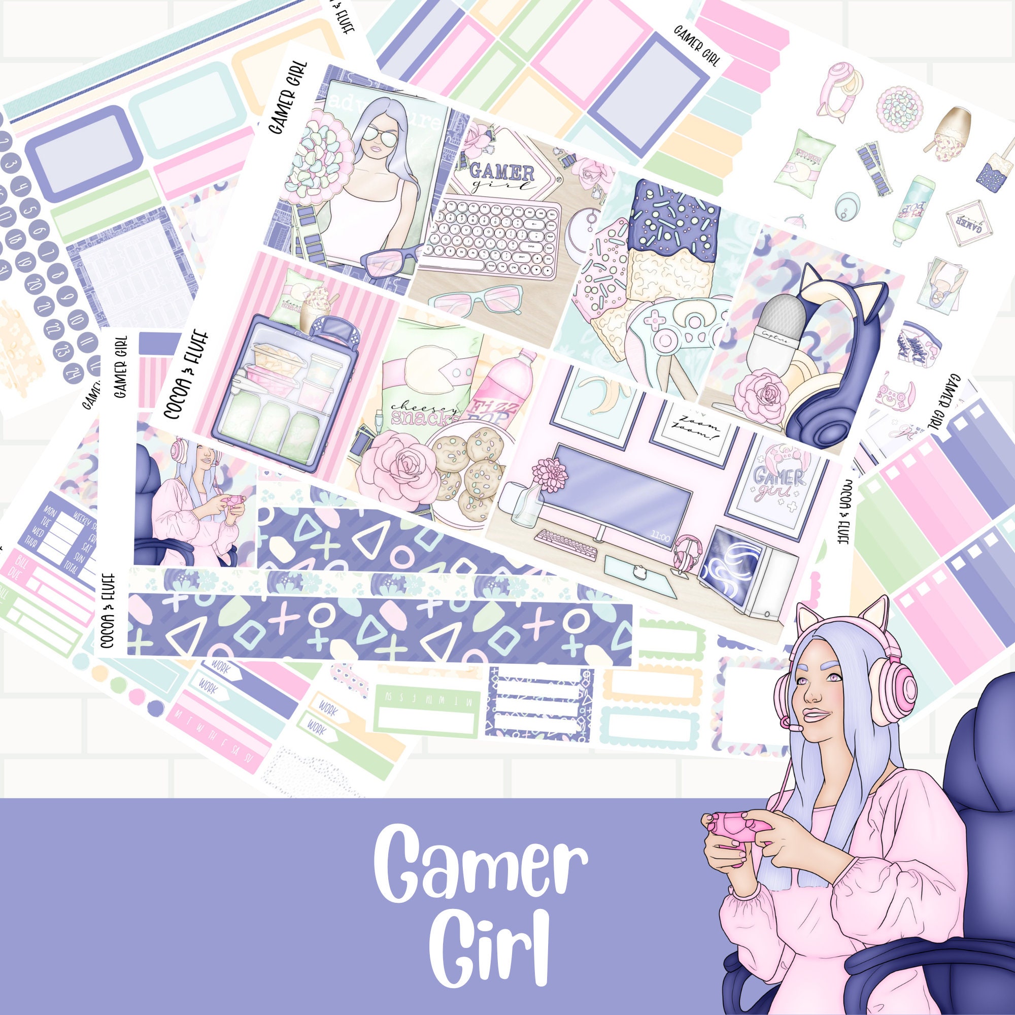Kawaii Gamer Girl Sticker Gaming Planner Clipart Chibi Bundle 