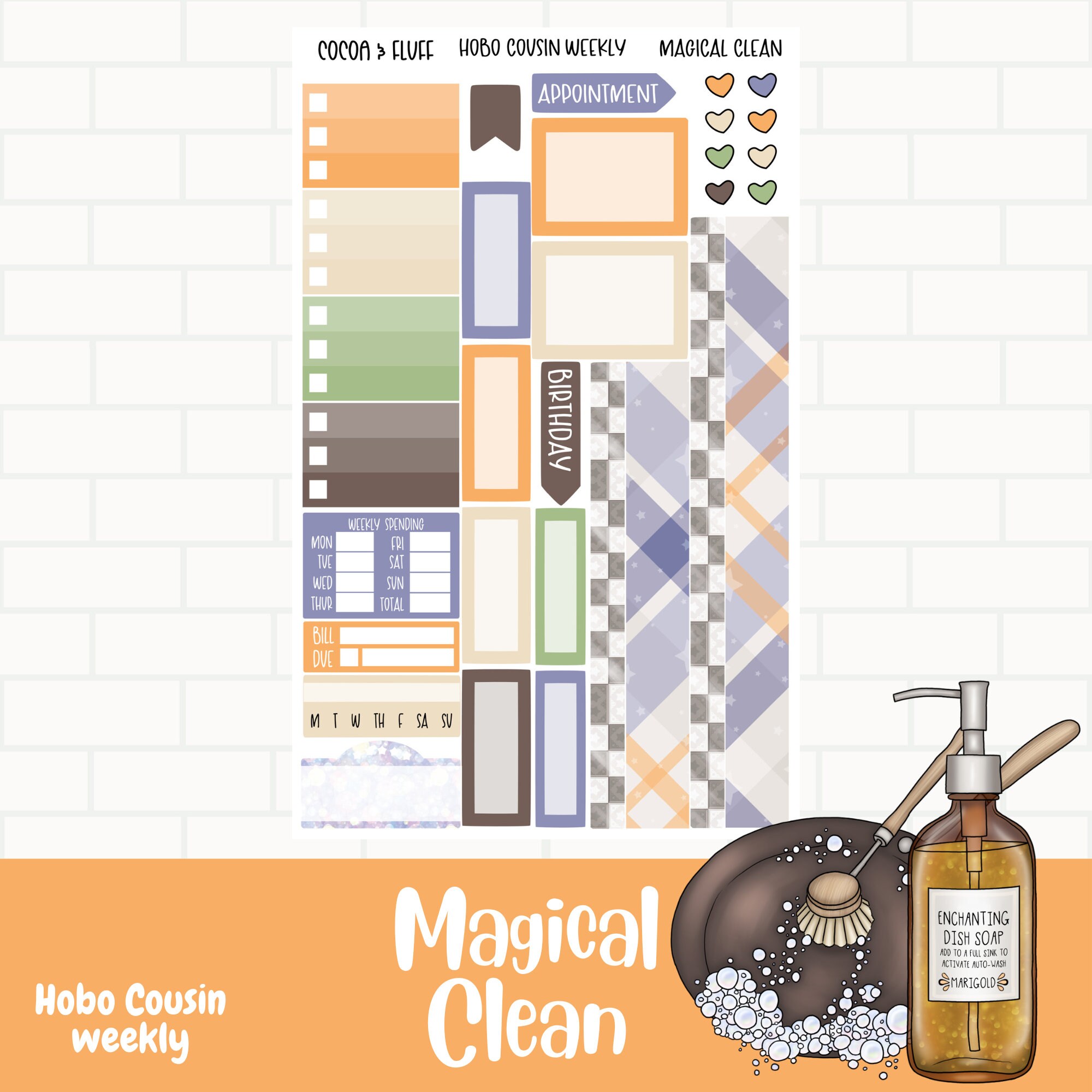 Magical Clean Hobo Cousin stickers, Spring Cleaning Planner Sticker Kit