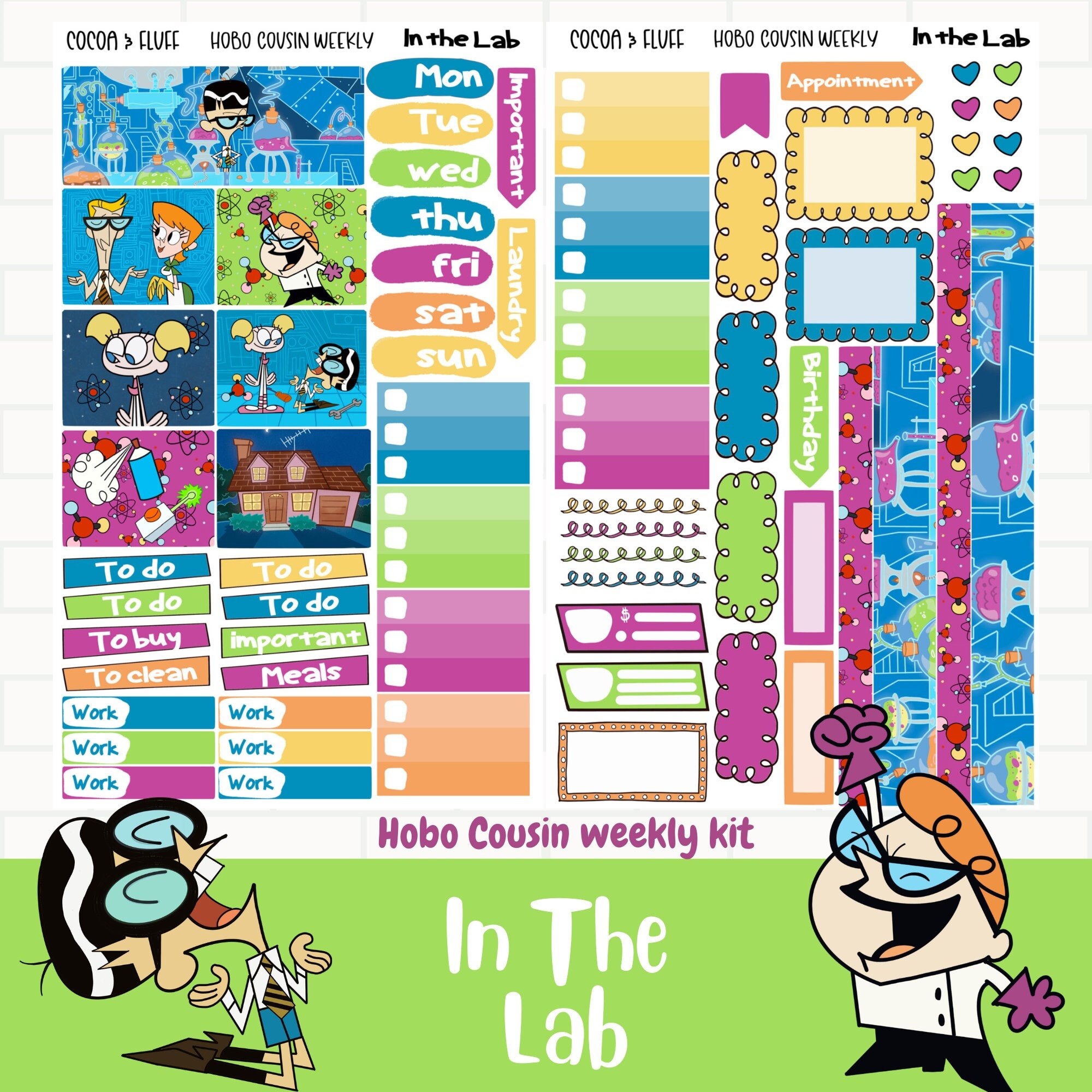 In The Lab Hobo Cousin stickers, 90's Cartoon Planner Sticker Kit, Dexter  Weekly Hobonichi Stickers, Weekly Sticker kit, Exclusive Art