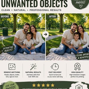 May include: A digital graphic for a photo editing service showing a before and after comparison of a family sitting on a blanket in a park. The image demonstrates the removal of a green rubbish bin, with text including REMOVE UNWANTED OBJECTS.