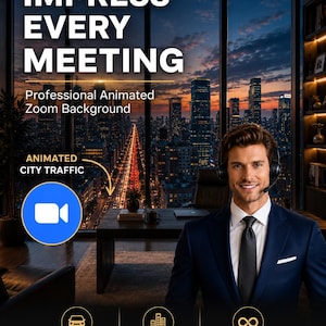Puede incluir: Un archivo digital para un fondo de Zoom animado profesional con un horizonte urbano nocturno y tráfico. El texto dice IMPRESS EVERY MEETING, Professional Animated Zoom Background, ANIMATED CITY TRAFFIC, REALISTIC MOVING TRAFFIC, REALISTIC BUILDING LIGHTS y SEAMLESS LOOP.