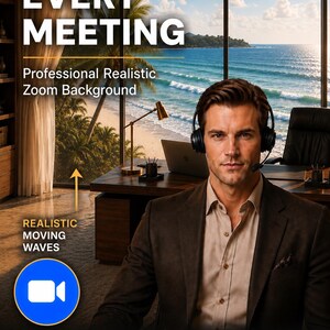 May include: A digital Zoom background featuring a professional office interior with a large window overlooking a tropical beach with moving waves. Text includes IMPRESS EVERY MEETING, Professional Realistic Zoom Background, REALISTIC MOVING WAVES, SUNLIGHT SLOWLY ILLUMINATING, and SEAMLESS LOOP.