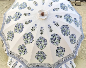 Hand Block Print Cotton Garden Umbrella, Jaipuri Floral Parasol, Wedding Patio Decor