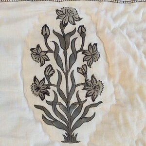 Hand Block Printed Cotton Kantha Quilt, Black White Floral Design, Reversible Jaipuri Razai with Shams, All Sizes Available image 5
