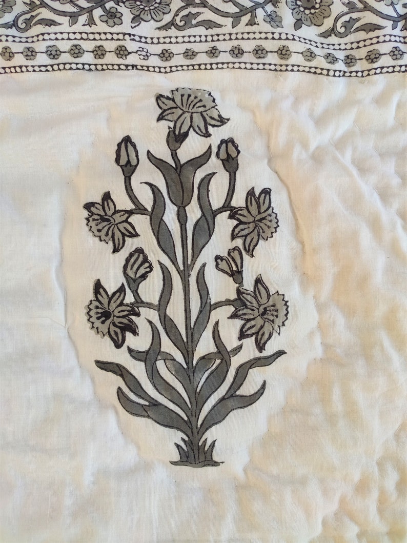 Hand Block Printed Cotton Kantha Quilt, Black White Floral Design, Reversible Jaipuri Razai with Shams, All Sizes Available image 5