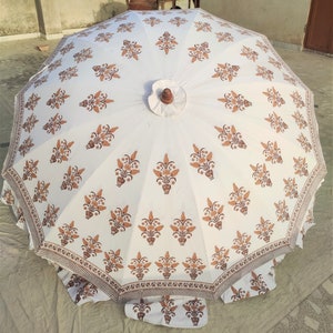 Indian brown  HandBlock Print white umbrellas, Unique Handcrafted wedding decorative Large Garden Umbrella Parasols