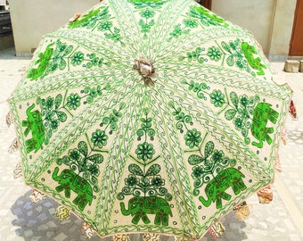 Klasyczny, zielony, haftowany, bawełniany parasol ogrodowy z motywem słonia, botaniczny, indyjski parasol ogrodowy, duży, dekoracyjny parasol przeciwsłoneczny w stylu boho