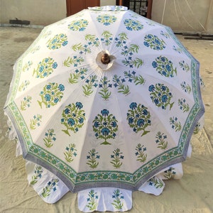 Indian HandBlock Print white umbrellas, Unique Handcrafted wedding decorative Large Garden Umbrella Parasols