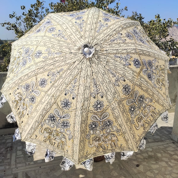 Vintage Garden Decorative Large Umbrella Sun Shade Cotton Outdoor Parasol Designer Embroidered Cotton Garden Umbrella Parasol Outdoor Large