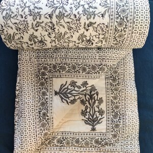 Hand Block Printed Cotton Kantha Quilt, Black White Floral Design, Reversible Jaipuri Razai with Shams, All Sizes Available image 3