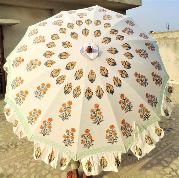 Handcrafted White Hand Block Print Garden Umbrella, Wedding Decor Patio Parasol