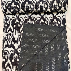 Black ikkat Kantha Quilts Blanket And Throw Embroidered kantha Quilts Handmade Kantha Quilt Bedding Reversible Kantha Throw
