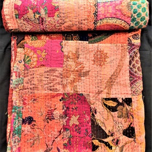 Indian vintage patch work Bedcover kantha cotton blanket hand stitched cotton bedcover reversible throw