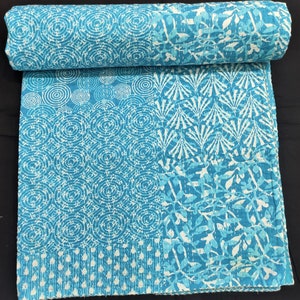 Kantha Quilts Blanket And Throw Embroidered kantha Quilts Handmade Kantha Quilt Sky Blue Bedding Reversible Kantha Throw