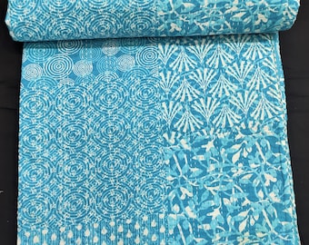 Sky Blue Kantha Quilt: Reversible Indian Cotton Blanket, Handstitched Throw