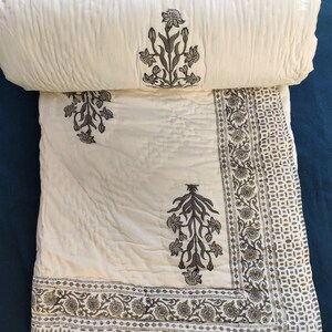 Hand Block Printed Cotton Kantha Quilt, Black White Floral Design, Reversible Jaipuri Razai with Shams, All Sizes Available image 6