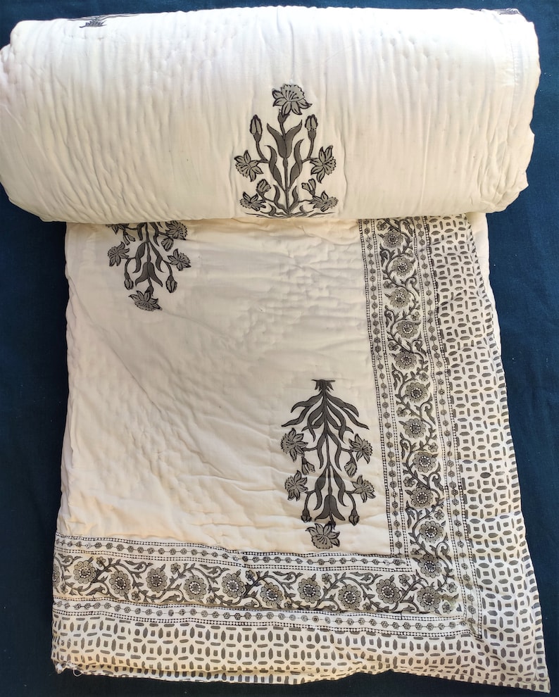 Hand Block Printed Cotton Kantha Quilt, Black White Floral Design, Reversible Jaipuri Razai with Shams, All Sizes Available image 6