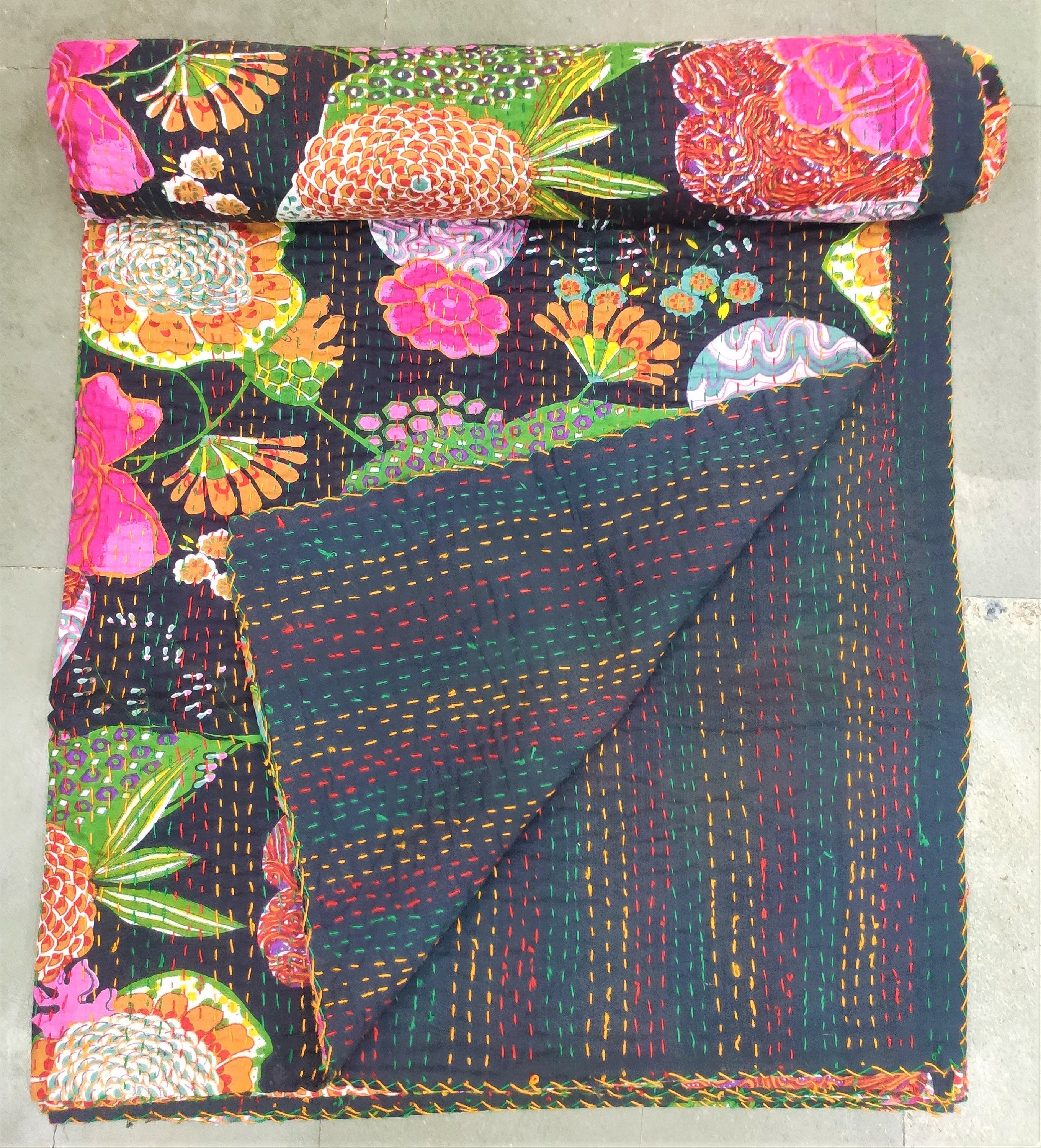 Indian Handmade Frida Kahlo Kantha Quilt Reversible Bedspread Twin/Single Cotton