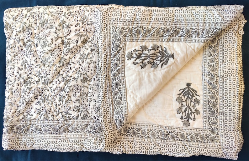 Hand Block Printed Cotton Kantha Quilt, Black White Floral Design, Reversible Jaipuri Razai with Shams, All Sizes Available image 4