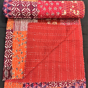 Indian vintage patch work  kantha cotton blanket handstitched bedcover reversible throw.