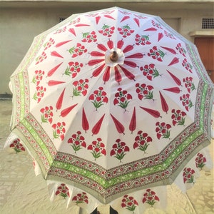 Indian Garden HandBlock Print white umbrellas, Unique Handcrafted wedding decorative Large Garden Umbrella Parasols